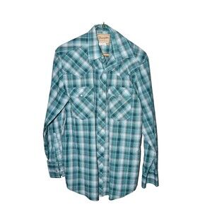 Wrangler Retro Western Shirt Mens M green Plaid Pearl Snap Cowboy Pockets
